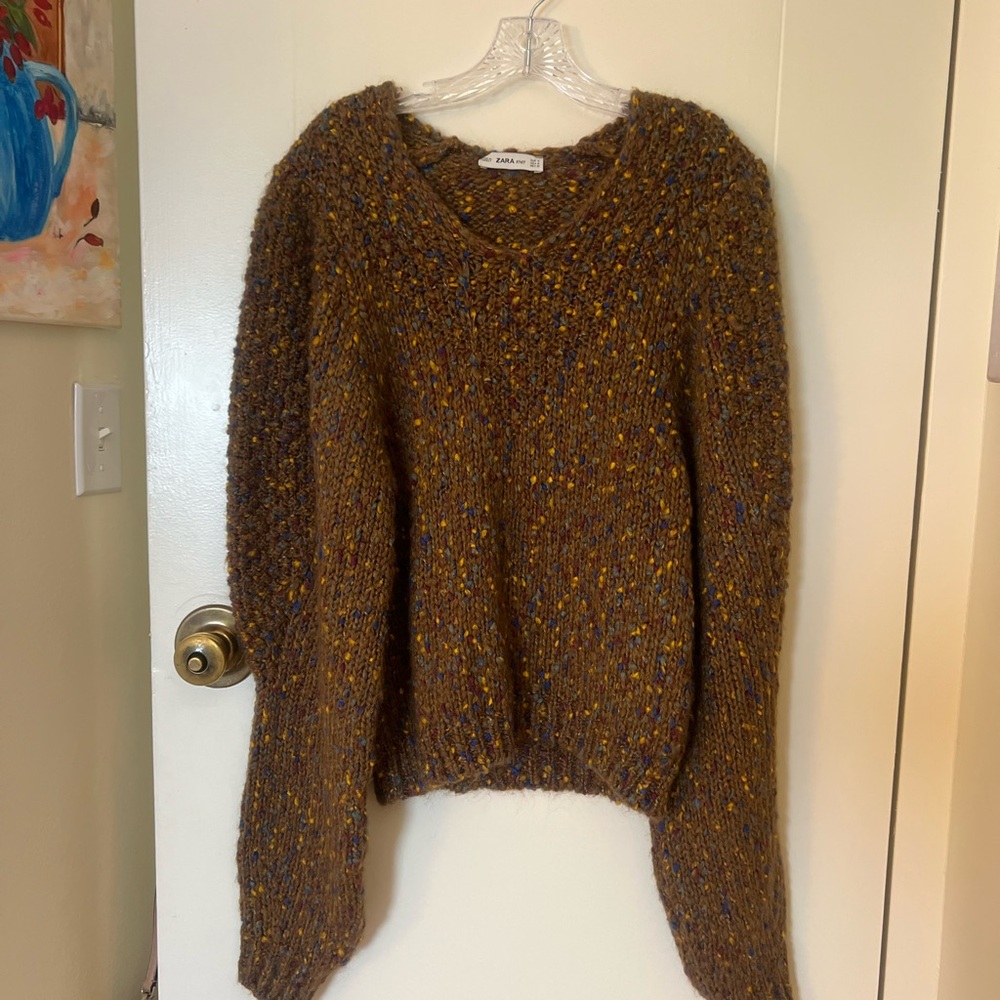 Zara Brown V-Neck Sweater with Textured Knit
